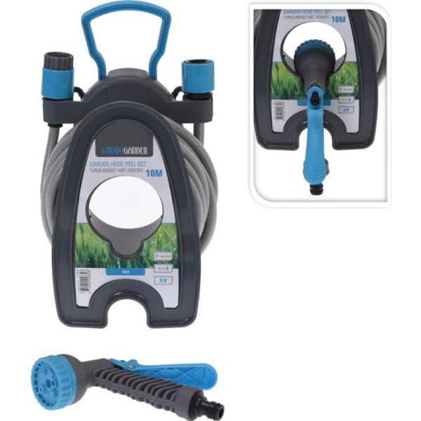 Manguera de jardín 3/8 pulg. 10 m con pistola y soporte de pared 18,5 x 14 x 24,5 cm
